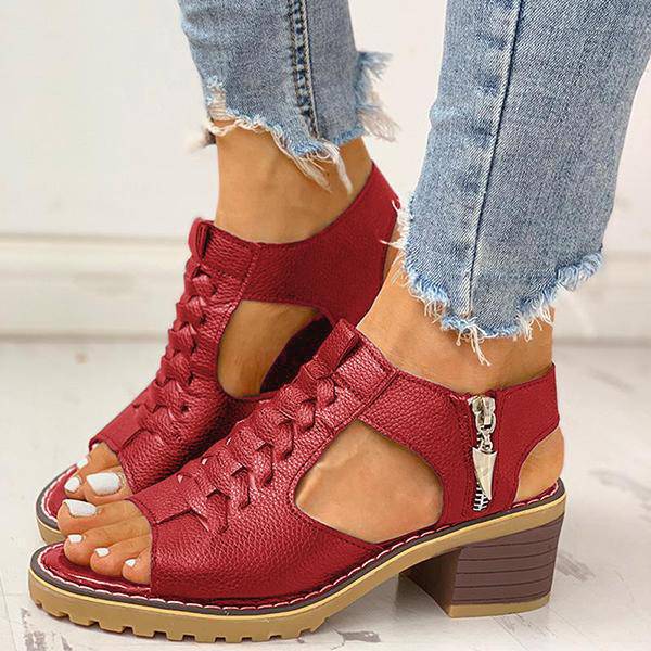 Dames Sandalen met Blokhak Peeptoe Ritssluiting Kunstleer Uitsneden Hakken Elegant Zomer Damesschoenen | Sulvida