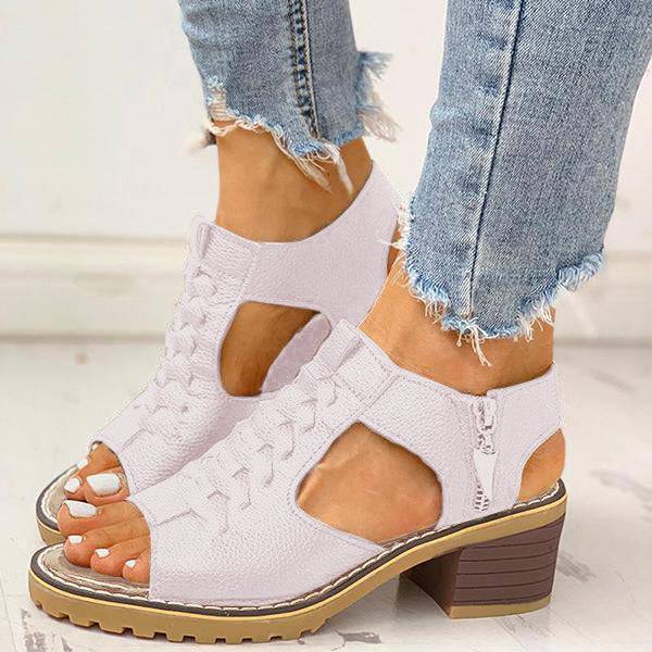Dames Sandalen met Blokhak Peeptoe Ritssluiting Kunstleer Uitsneden Hakken Elegant Zomer Damesschoenen | Sulvida