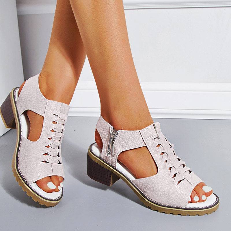 Dames Sandalen met Blokhak Peeptoe Ritssluiting Kunstleer Uitsneden Hakken Elegant Zomer Damesschoenen | Sulvida