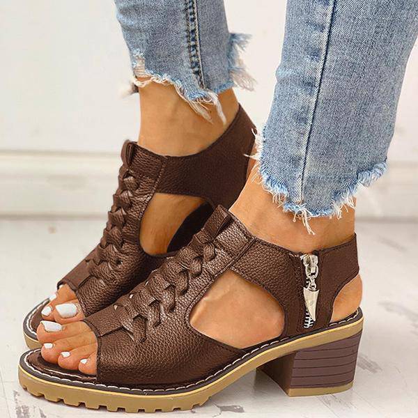 Dames Sandalen met Blokhak Peeptoe Ritssluiting Kunstleer Uitsneden Hakken Elegant Zomer Damesschoenen | Sulvida