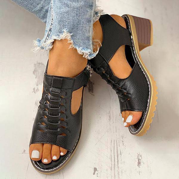 Dames Sandalen met Blokhak Peeptoe Ritssluiting Kunstleer Uitsneden Hakken Elegant Zomer Damesschoenen | Sulvida