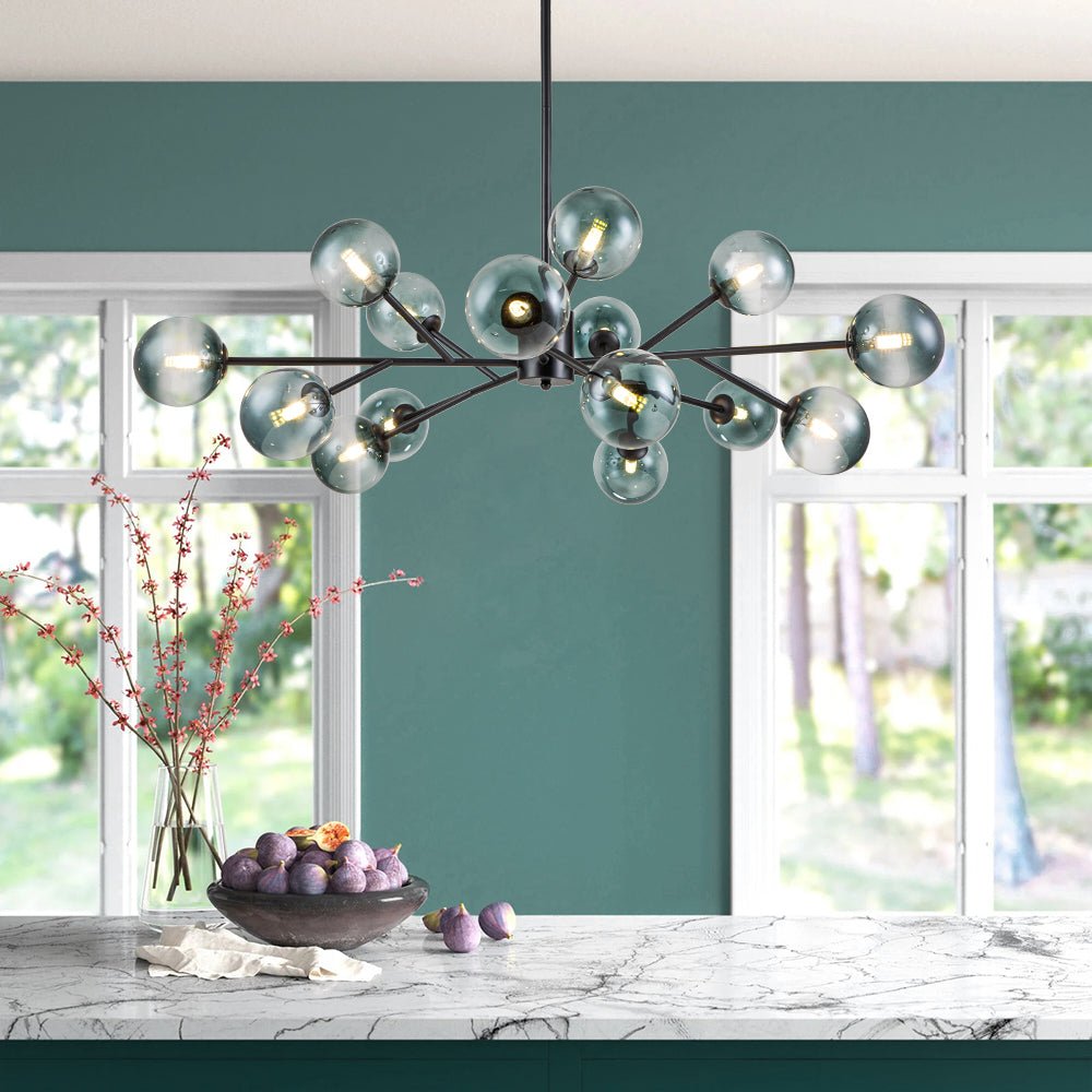 Hedendaagse kroonluchter 15 blauwe glazen bollen takkenontwerp zwart goud modern interieur verlichting | Sulvida