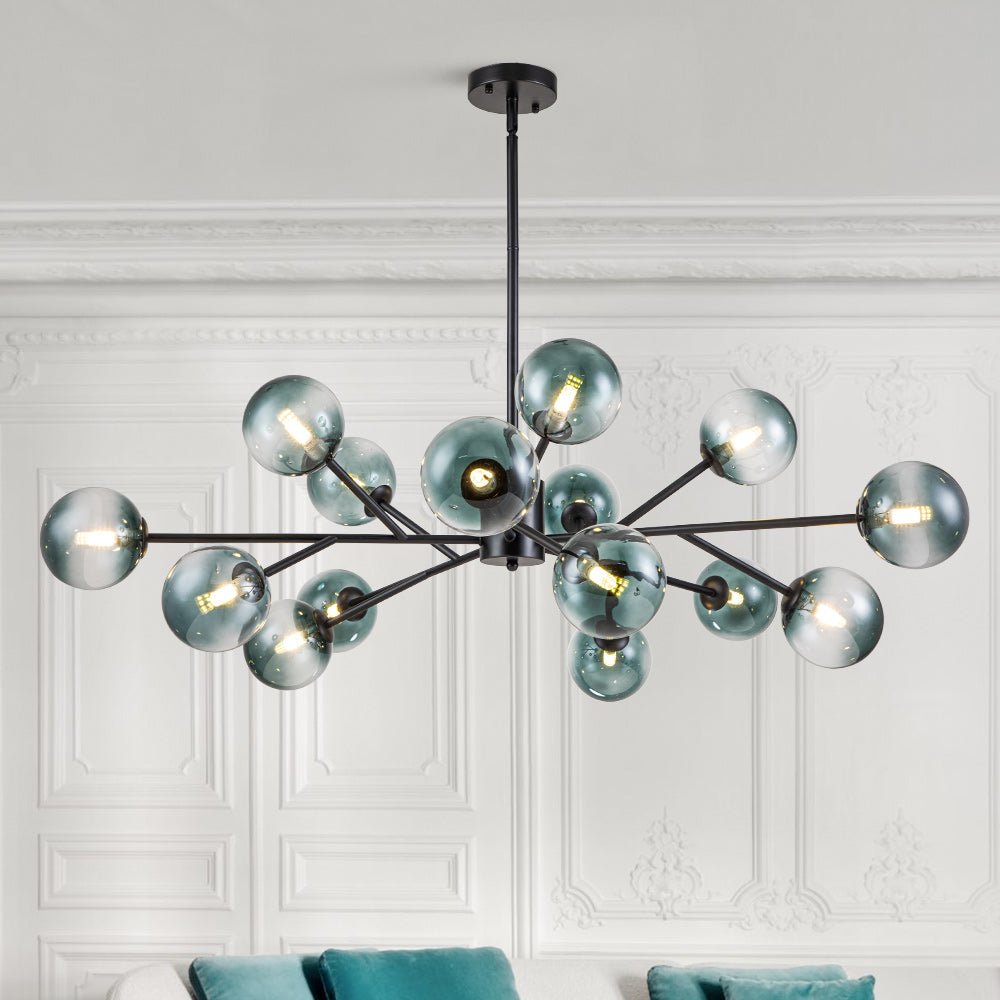 Hedendaagse kroonluchter 15 blauwe glazen bollen takkenontwerp zwart goud modern interieur verlichting | Sulvida