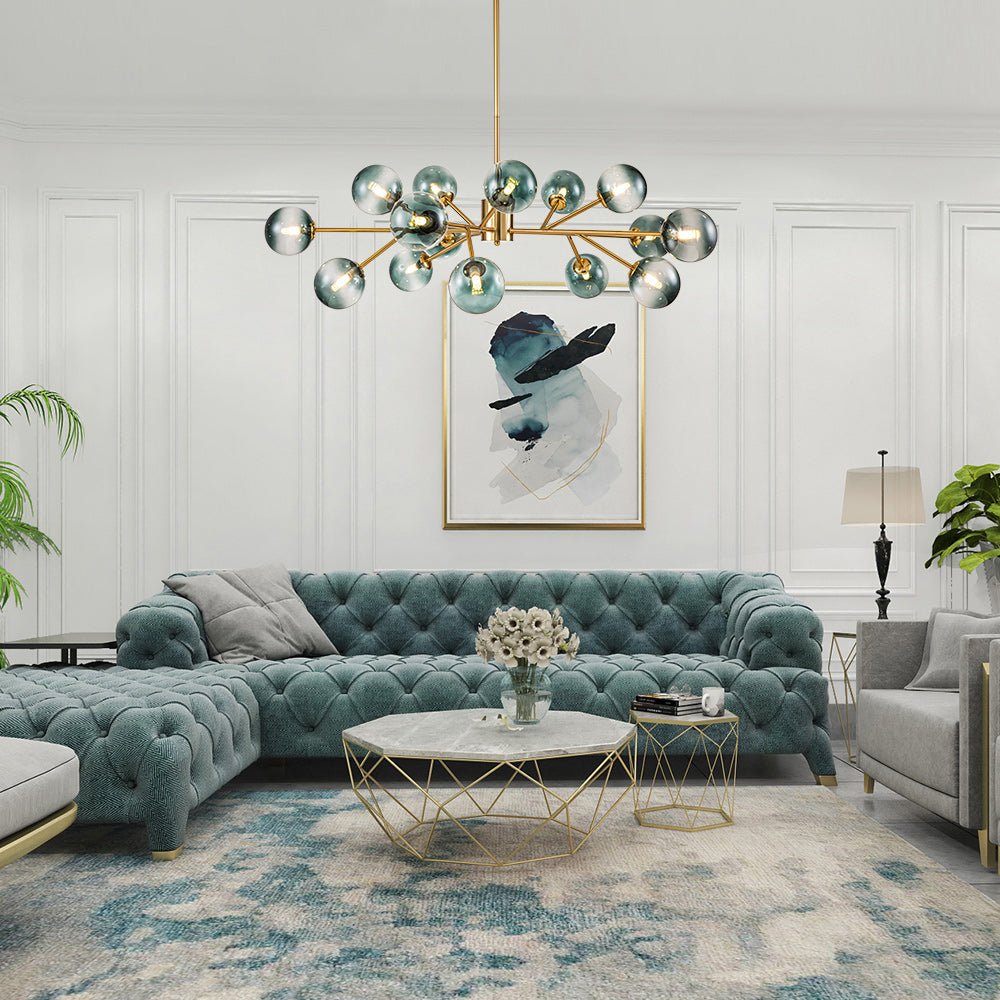 Hedendaagse kroonluchter 15 blauwe glazen bollen takkenontwerp zwart goud modern interieur verlichting | Sulvida