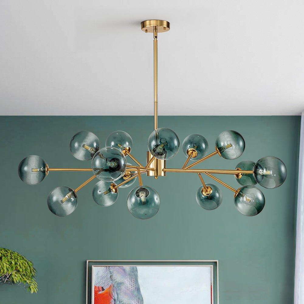 Hedendaagse kroonluchter 15 blauwe glazen bollen takkenontwerp zwart goud modern interieur verlichting | Sulvida