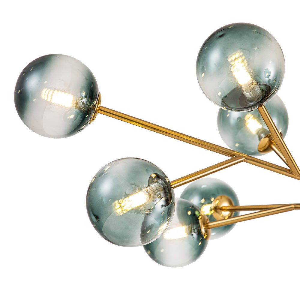 Hedendaagse kroonluchter 15 blauwe glazen bollen takkenontwerp zwart goud modern interieur verlichting | Sulvida