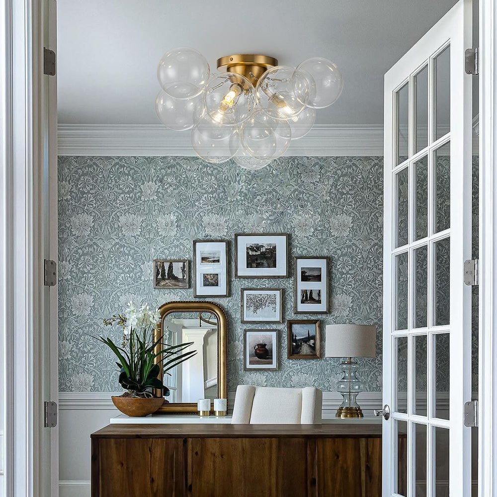 Semi-plafondlamp 3 lichtpunten messing helder glas bol bubble stijl moderne verlichting hal woonkamer | Sulvida