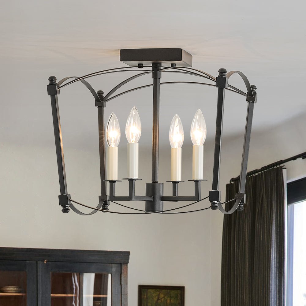 Plafondlamp Lantaarn 4 Lichts Kaars Metaal Zwart Goud Frans Antiek Stijl Kooi Lichtarmatuur Hanglamp | Sulvida
