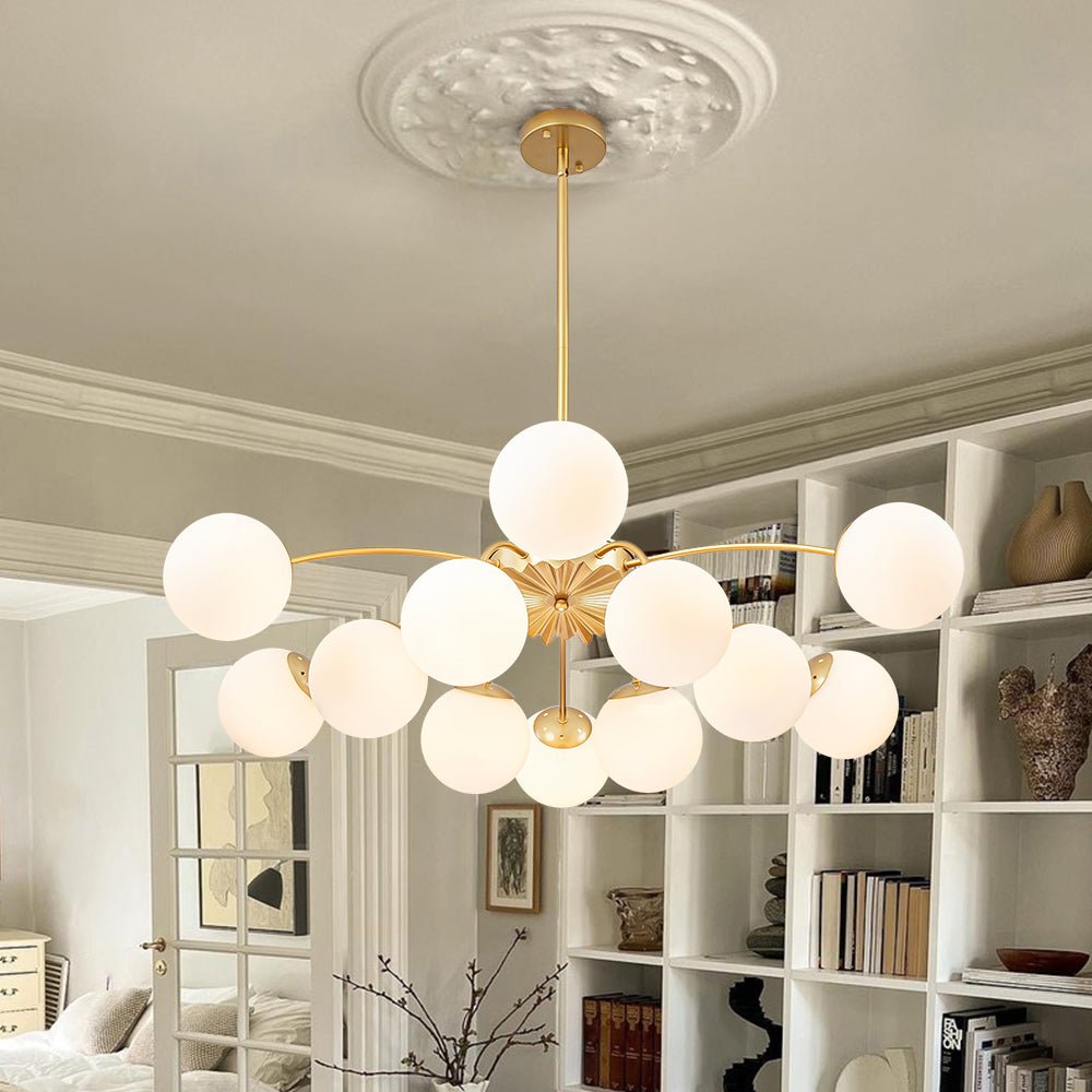 Glazen Bubble Kroonluchter 12 Lichtpunten Semi-Plafond Opaal Wit Glas Messing Chroom Zwart Moderne Hanglamp | Sulvida