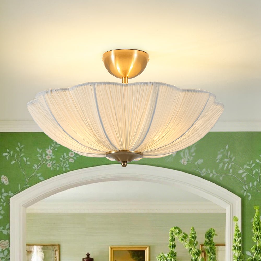 Plafondlamp plissé ivoor stof bloem 3 lichtpunten E26 mat messing mid-century modern design woonkamer slaapkamer | Sulvida