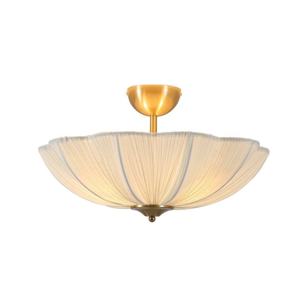 Plafondlamp plissé ivoor stof bloem 3 lichtpunten E26 mat messing mid-century modern design woonkamer slaapkamer | Sulvida