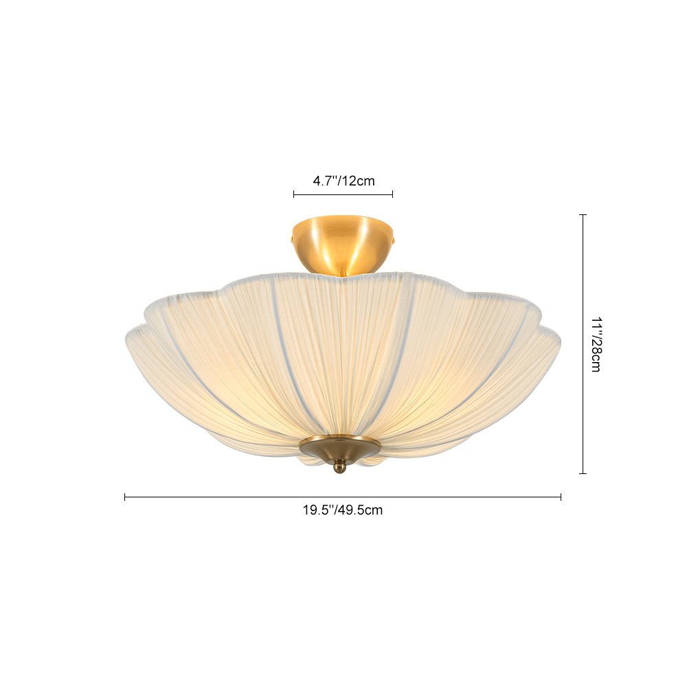 Plafondlamp plissé ivoor stof bloem 3 lichtpunten E26 mat messing mid-century modern design woonkamer slaapkamer | Sulvida