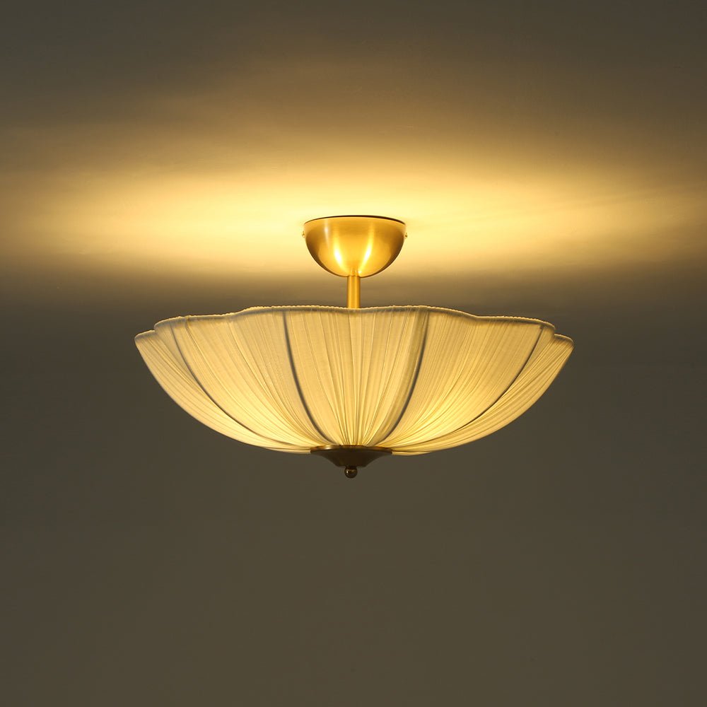 Plafondlamp plissé ivoor stof bloem 3 lichtpunten E26 mat messing mid-century modern design woonkamer slaapkamer | Sulvida
