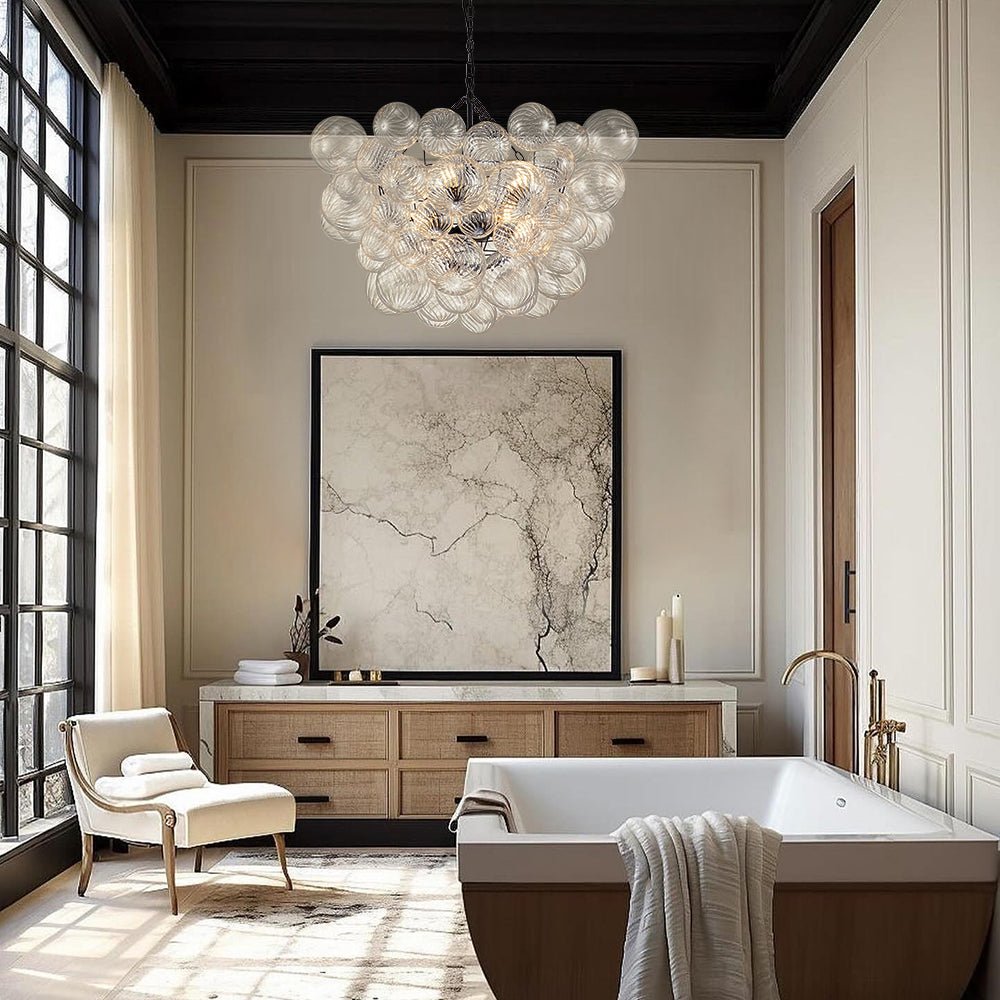Glazen Bollenkroonluchter Geribbeld Glas 3 of 8 Lichtpunten Hanglamp Messing Nikkel Zwart Dimbaar Eetkamer | Sulvida