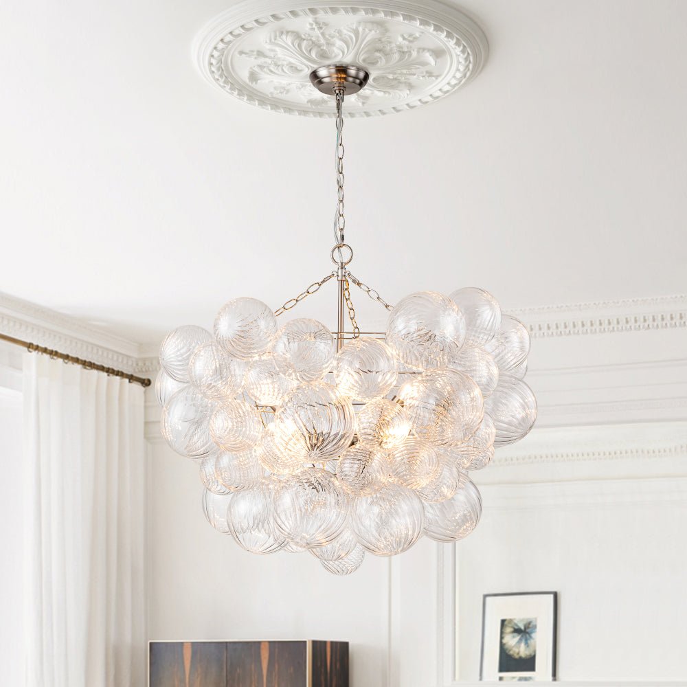 Glazen Bollenkroonluchter Geribbeld Glas 3 of 8 Lichtpunten Hanglamp Messing Nikkel Zwart Dimbaar Eetkamer | Sulvida