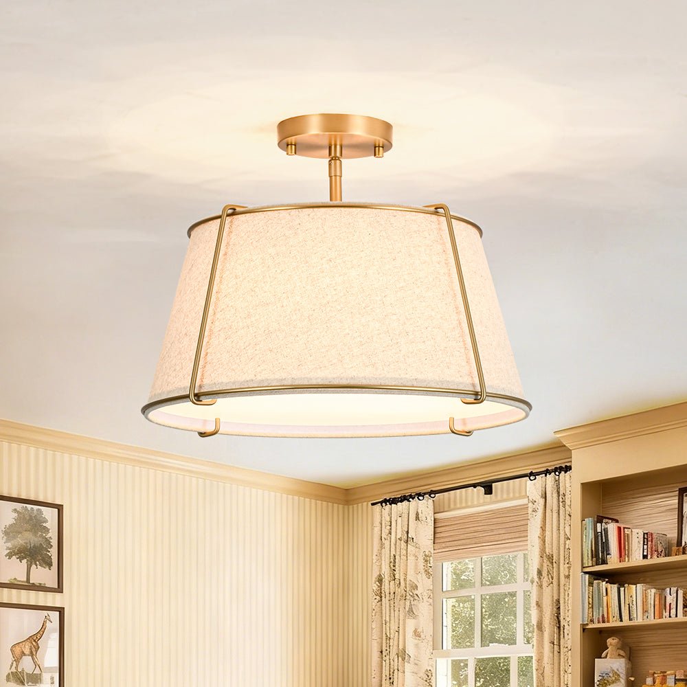 Plafondlamp Linnen Drum Vorm Messing Nikkel Semi-Flush Mount 4 Lichtpunten Klassiek Elegant Woonkamer | Sulvida