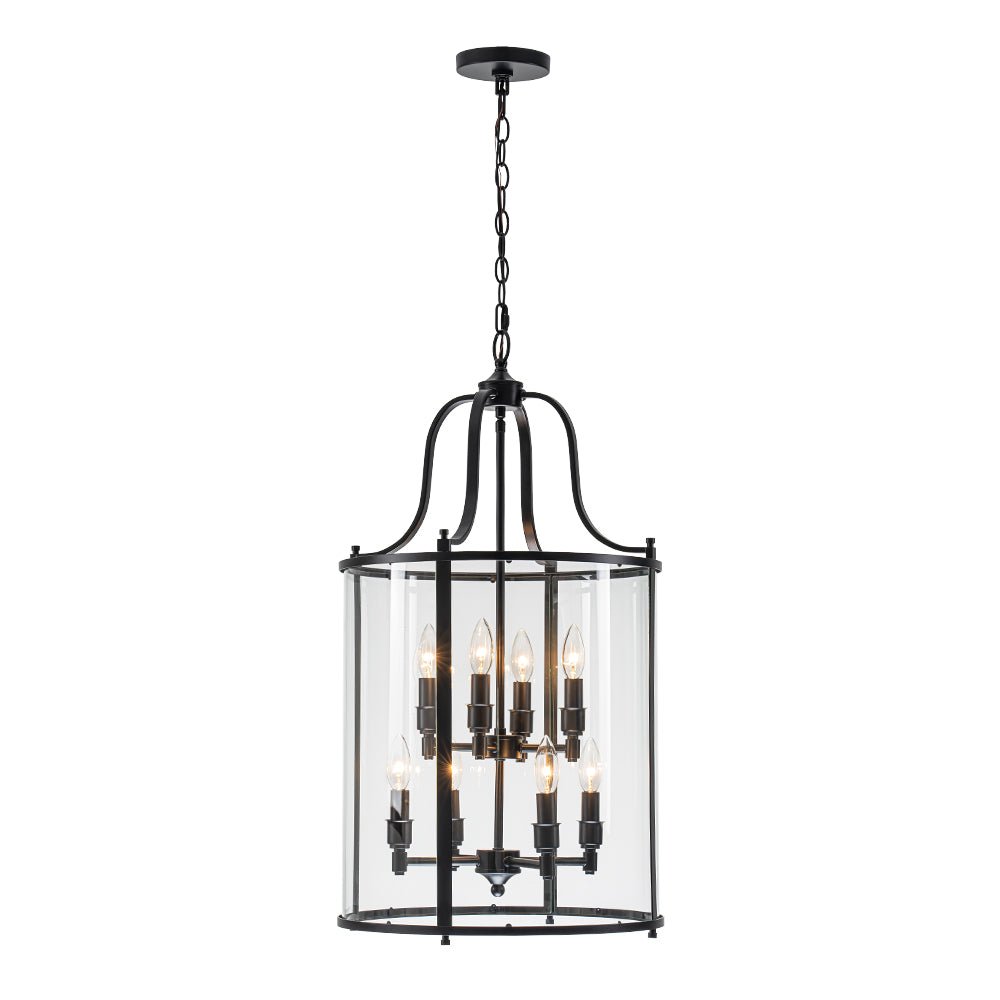 Cylindrische Kooilantaarn Hanglamp Helder Glas 8 Lichtpunten Kaarsstijl Zwart Goud Messing Eetkamer Woonkamer | Sulvida