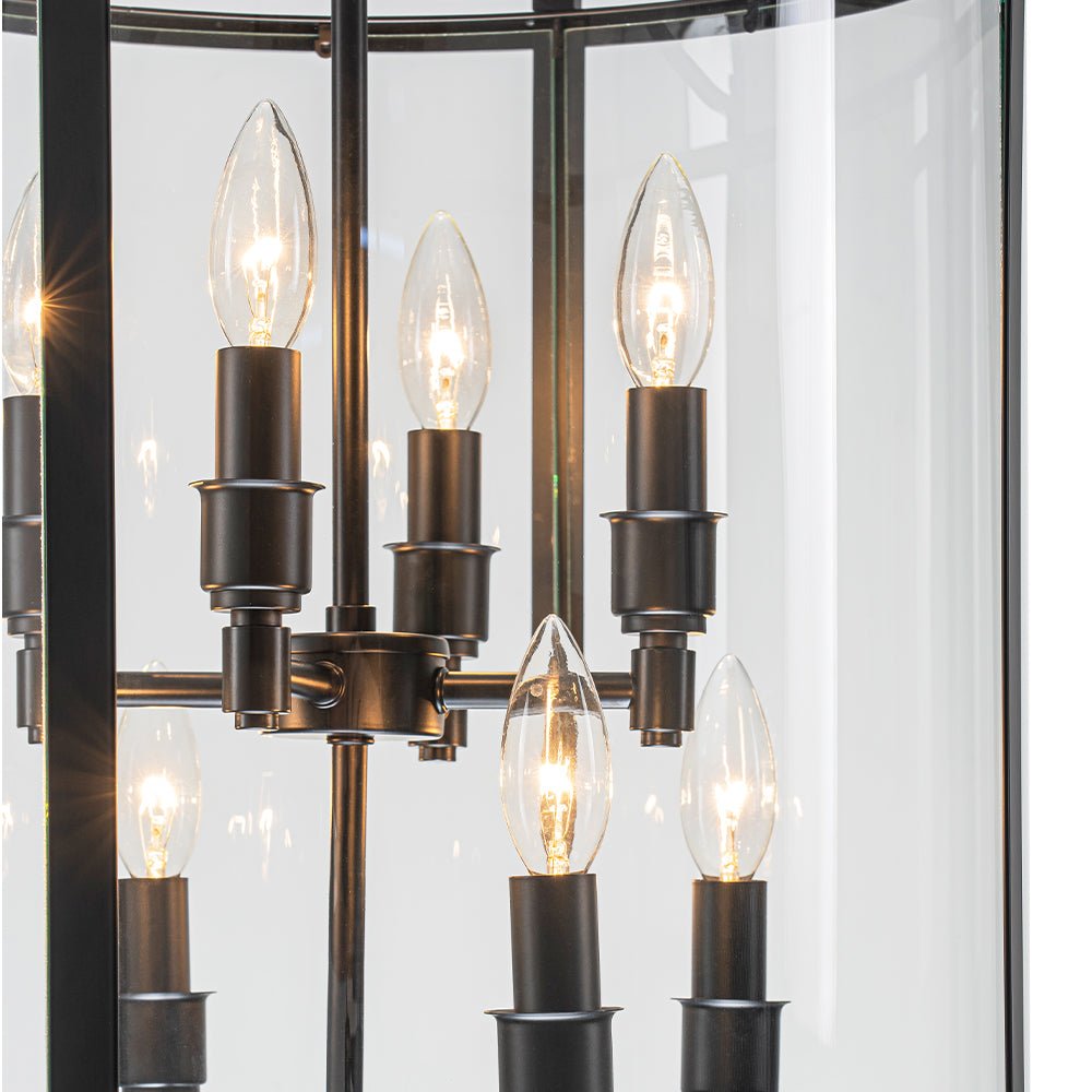 Cylindrische Kooilantaarn Hanglamp Helder Glas 8 Lichtpunten Kaarsstijl Zwart Goud Messing Eetkamer Woonkamer | Sulvida