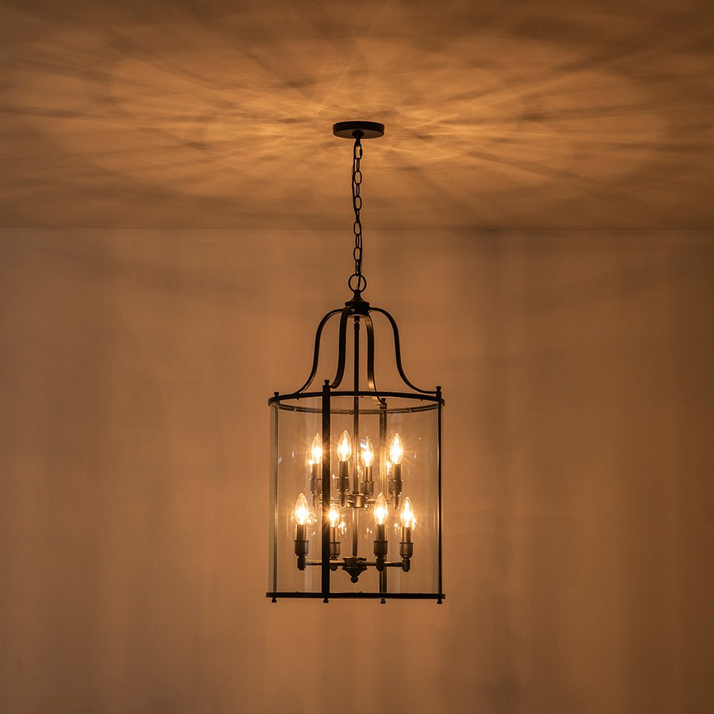 Cylindrische Kooilantaarn Hanglamp Helder Glas 8 Lichtpunten Kaarsstijl Zwart Goud Messing Eetkamer Woonkamer | Sulvida