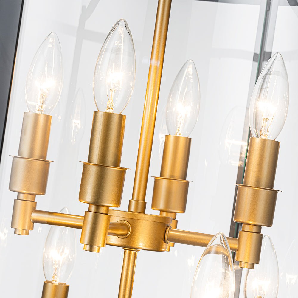 Cylindrische Kooilantaarn Hanglamp Helder Glas 8 Lichtpunten Kaarsstijl Zwart Goud Messing Eetkamer Woonkamer | Sulvida