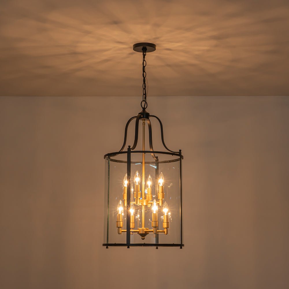 Cylindrische Kooilantaarn Hanglamp Helder Glas 8 Lichtpunten Kaarsstijl Zwart Goud Messing Eetkamer Woonkamer | Sulvida