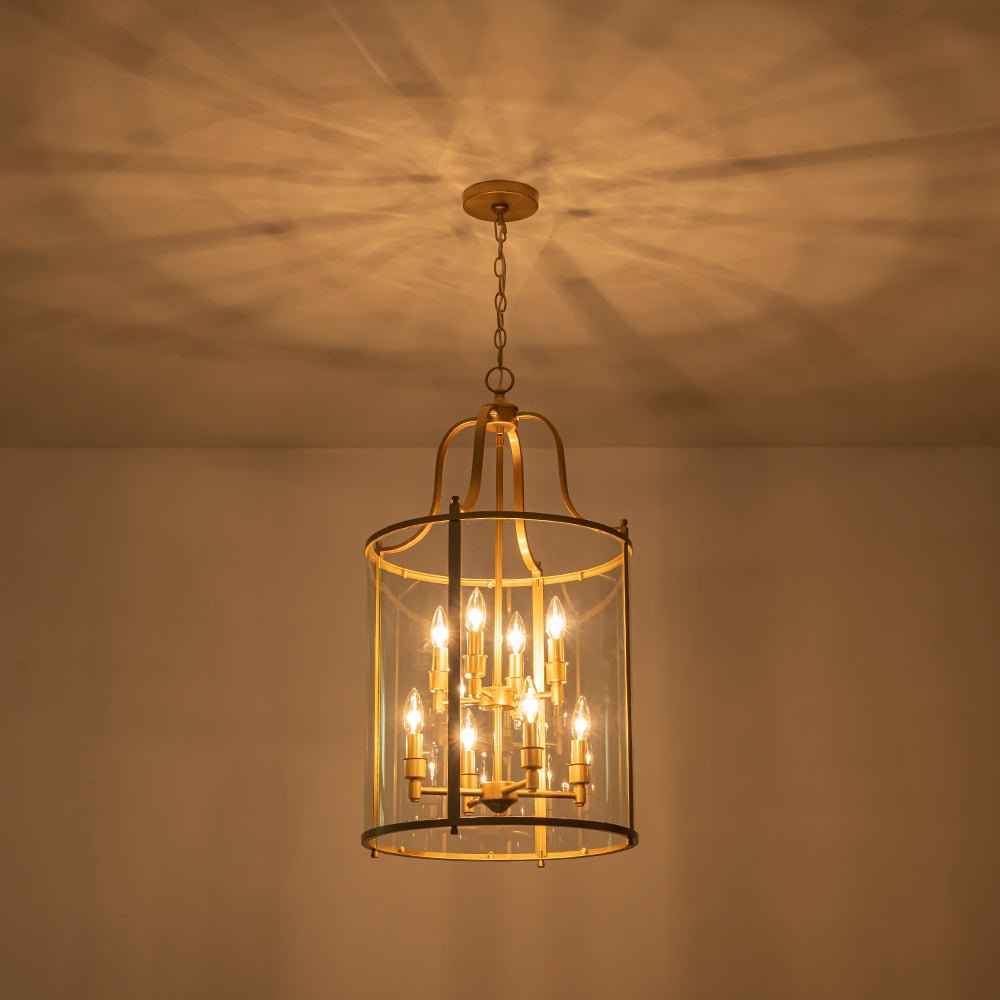 Cylindrische Kooilantaarn Hanglamp Helder Glas 8 Lichtpunten Kaarsstijl Zwart Goud Messing Eetkamer Woonkamer | Sulvida