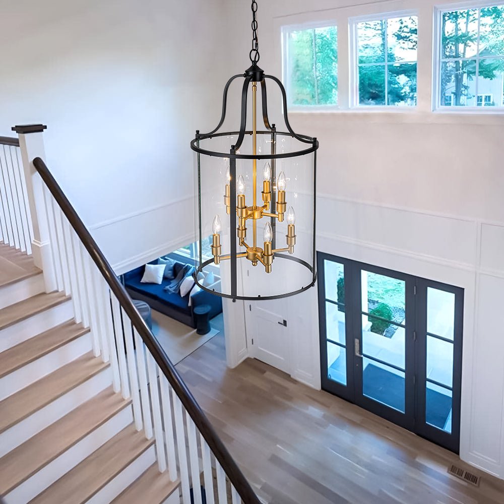 Cylindrische Kooilantaarn Hanglamp Helder Glas 8 Lichtpunten Kaarsstijl Zwart Goud Messing Eetkamer Woonkamer | Sulvida