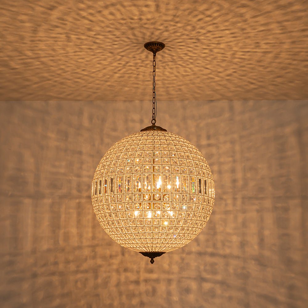 Kristallen Bolkroonluchter Antiek Messing Orbit Hanglamp Glas Verstelbare Ketting Klassiek Interieur | Sulvida