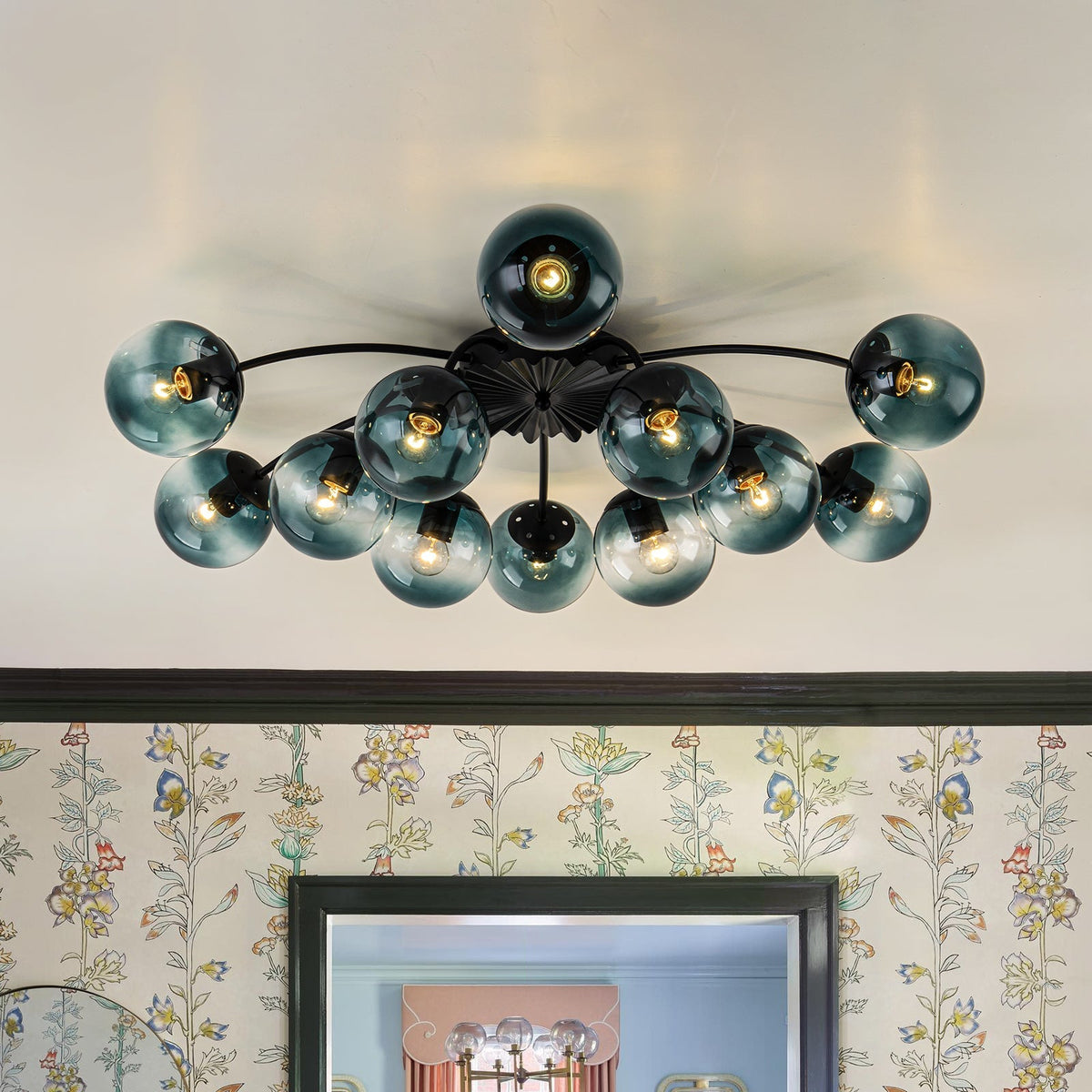 Plafondlamp 12 Lichtpunten Blauwe Glazen Bollen Verguld Sputnik Design Kroonluchter Luxe Woonkamer Interieur | Sulvida