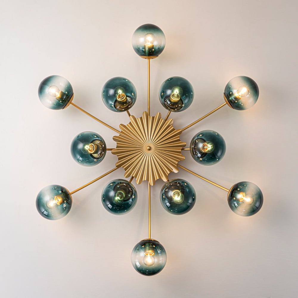 Plafondlamp 12 Lichtpunten Blauwe Glazen Bollen Verguld Sputnik Design Kroonluchter Luxe Woonkamer Interieur | Sulvida