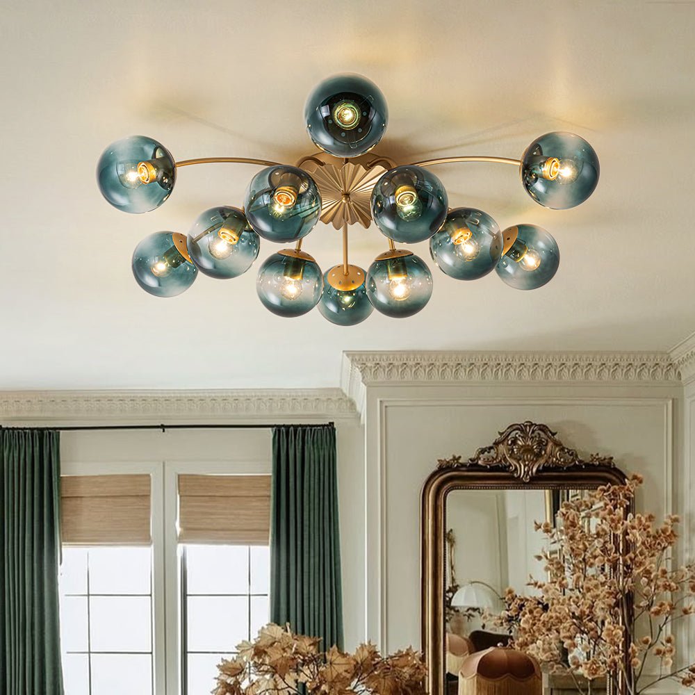 Plafondlamp 12 Lichtpunten Blauwe Glazen Bollen Verguld Sputnik Design Kroonluchter Luxe Woonkamer Interieur | Sulvida