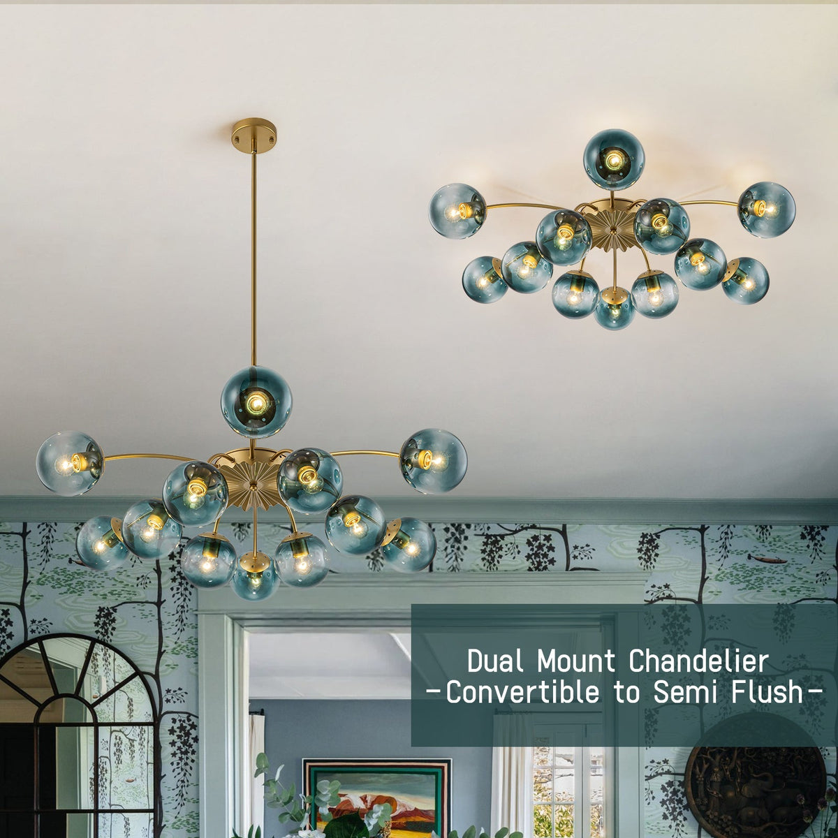 Plafondlamp 12 Lichtpunten Blauwe Glazen Bollen Verguld Sputnik Design Kroonluchter Luxe Woonkamer Interieur | Sulvida