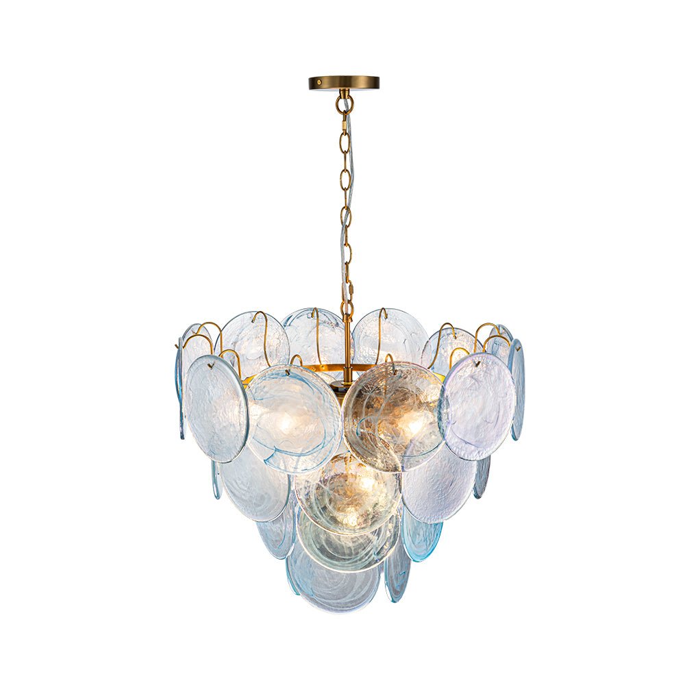 Ronde meerlaagse kroonluchter met blauw iriserende glazen schijven geborstelde messing afwerking hanglamp | Sulvida