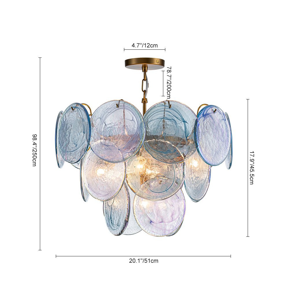 Ronde meerlaagse kroonluchter met blauw iriserende glazen schijven geborstelde messing afwerking hanglamp | Sulvida