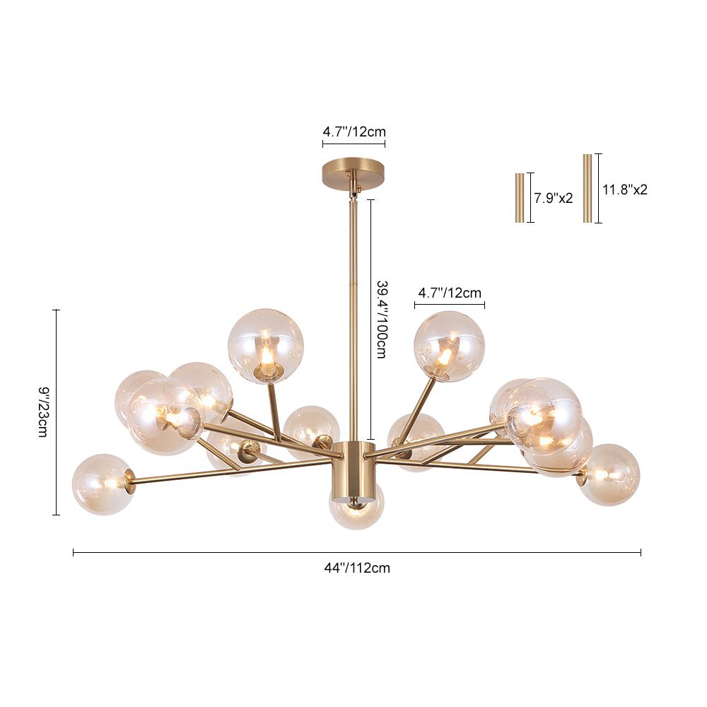 Glazen Kroonluchter met Metalen Frame en 15 Lichtpunten voor Eetkamer Woonkamer Hal Sfeervolle Hanglamp | Sulvida