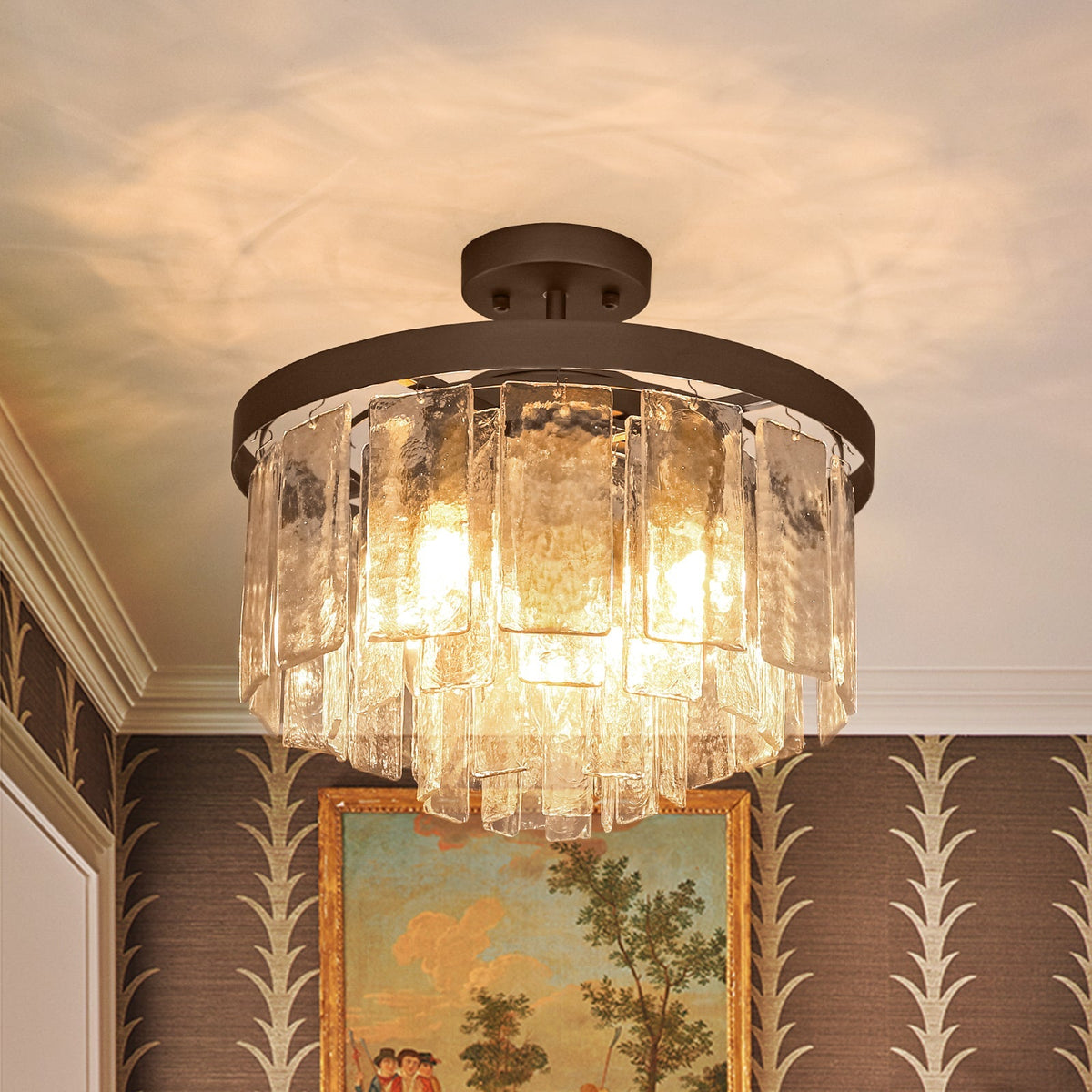 Gelaagde Plafondlamp Glas Rond Semi-Flush Vijf Lichtpunten Messing Zwart Nikkel Brons Design Eetkamer Woonkamer | Sulvida