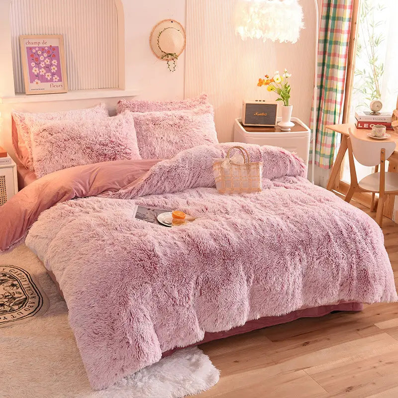 Plüsch-Fleece-Bettwäsche-Set, winterwarm, Teddy, 3-4-teilig, mit Bezug, Laken und Kissenbezügen | Sulvida