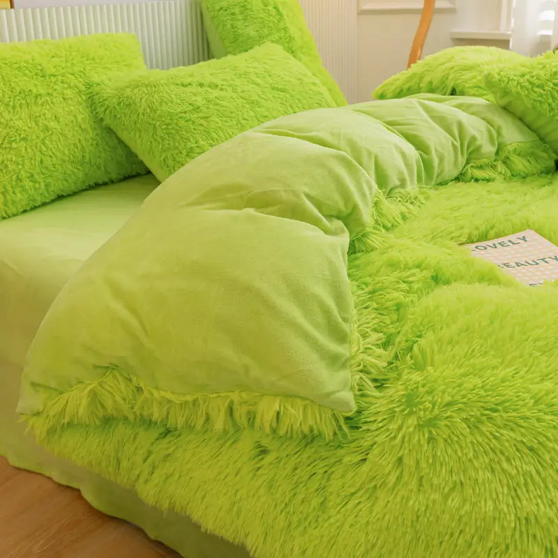 Plüsch-Fleece-Bettwäsche-Set, winterwarm, Teddy, 3-4-teilig, mit Bezug, Laken und Kissenbezügen | Sulvida