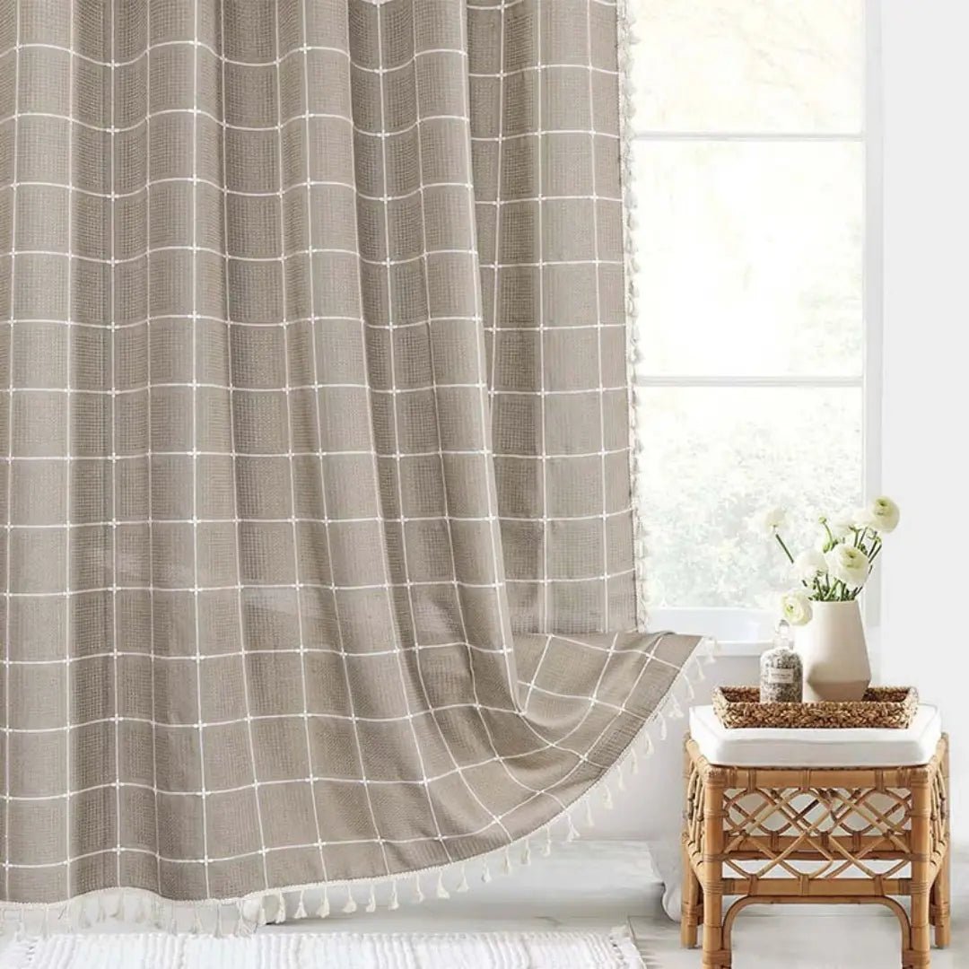 Linnen Douchegordijn met Kwastjes 90x180 cm Waterdicht Boho Landelijke Stijl Badkamer Decoratief Stof | Sulvida