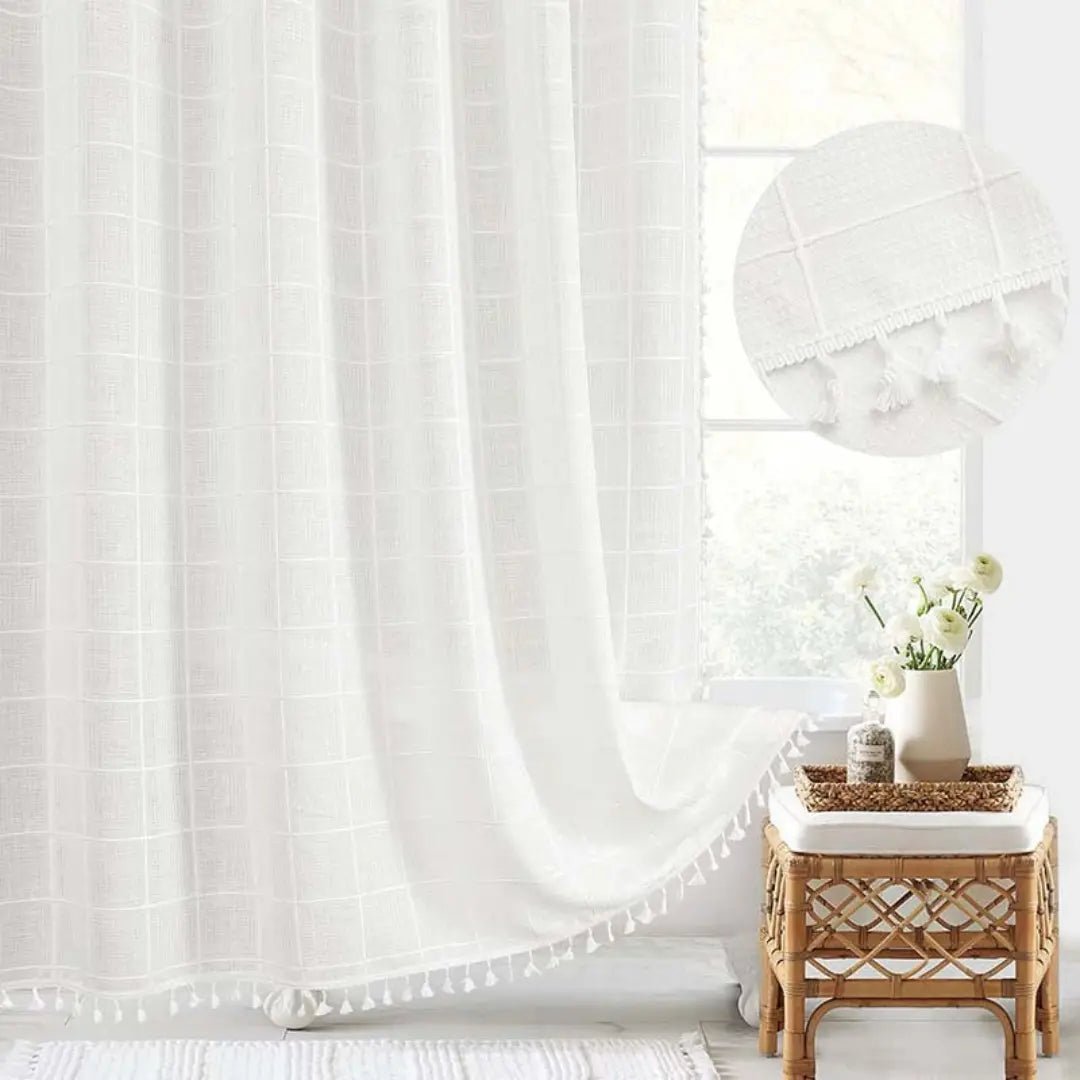 Linnen Douchegordijn met Kwastjes 90x180 cm Waterdicht Boho Landelijke Stijl Badkamer Decoratief Stof | Sulvida