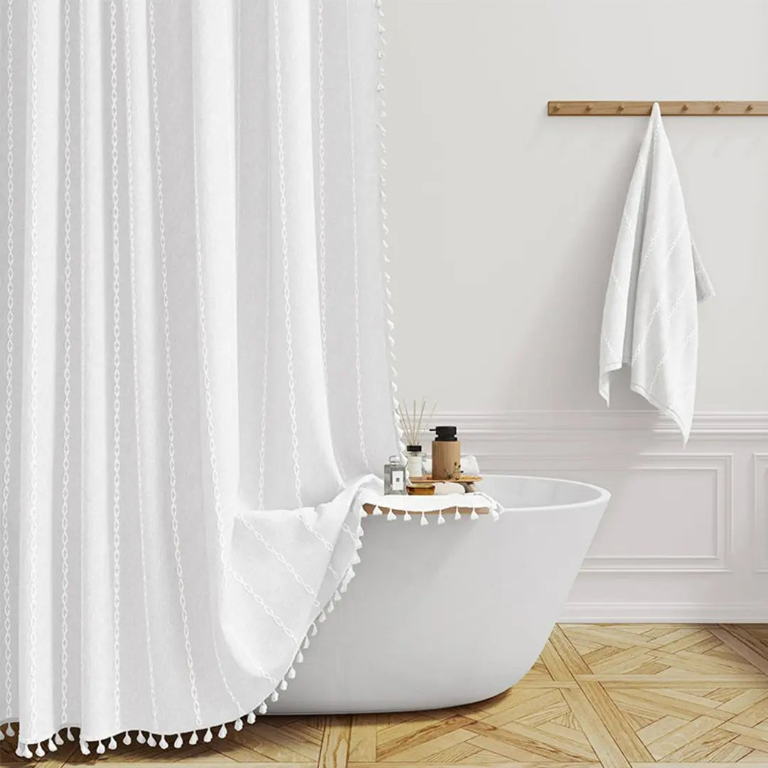 Linnen Douchegordijn met Kwastjes 90x180 cm Waterdicht Boho Landelijke Stijl Badkamer Decoratief Stof | Sulvida