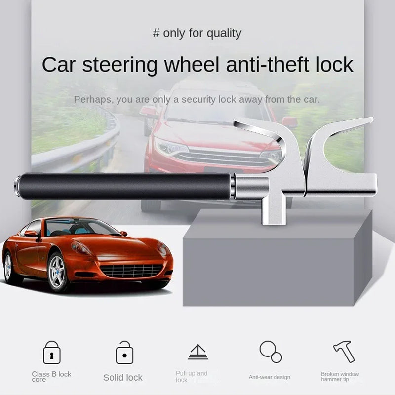 Antivol de volant télescopique avec marteau brise-vitre d’urgence, serrure de classe B et bande réfléchissante de sécurité, protection antivol pour voiture | Sulvida