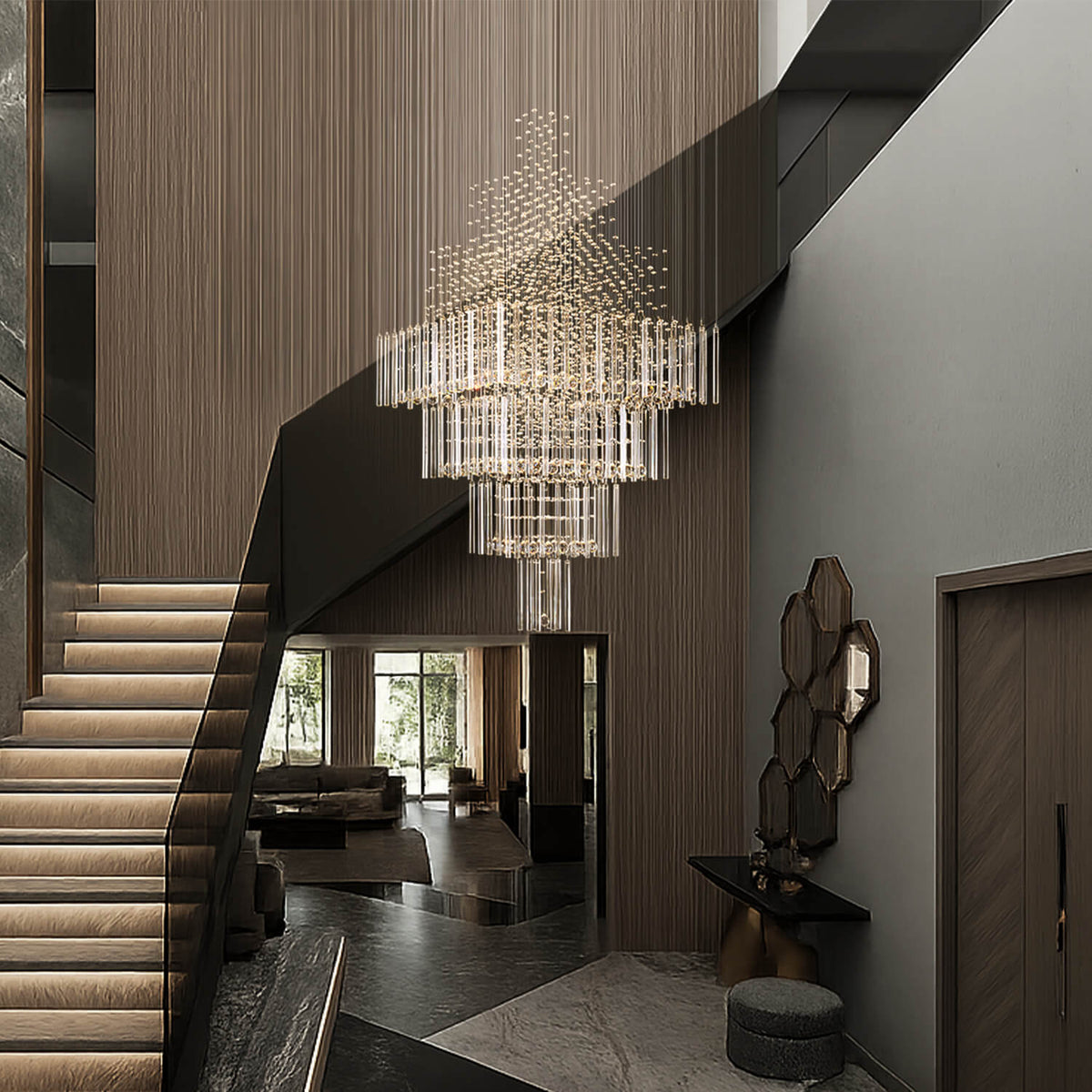 Kristallen kroonluchter waterval hanglamp chroom luxe trap foyer verlichting 3-5 lagen verstelbaar modern | Sulvida