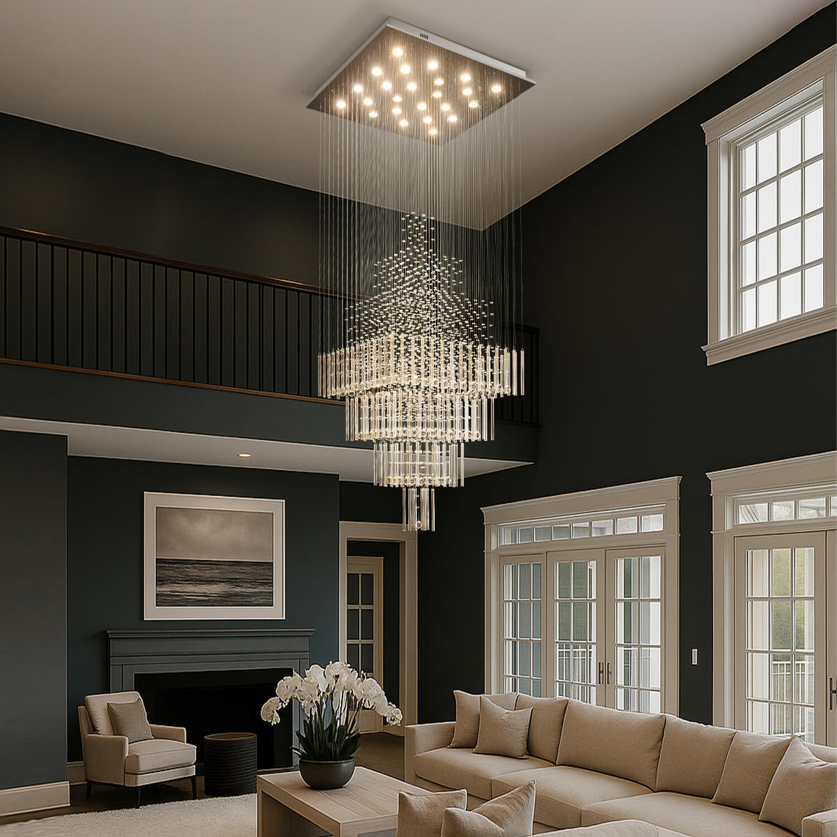 Kristallen kroonluchter waterval hanglamp chroom luxe trap foyer verlichting 3-5 lagen verstelbaar modern | Sulvida
