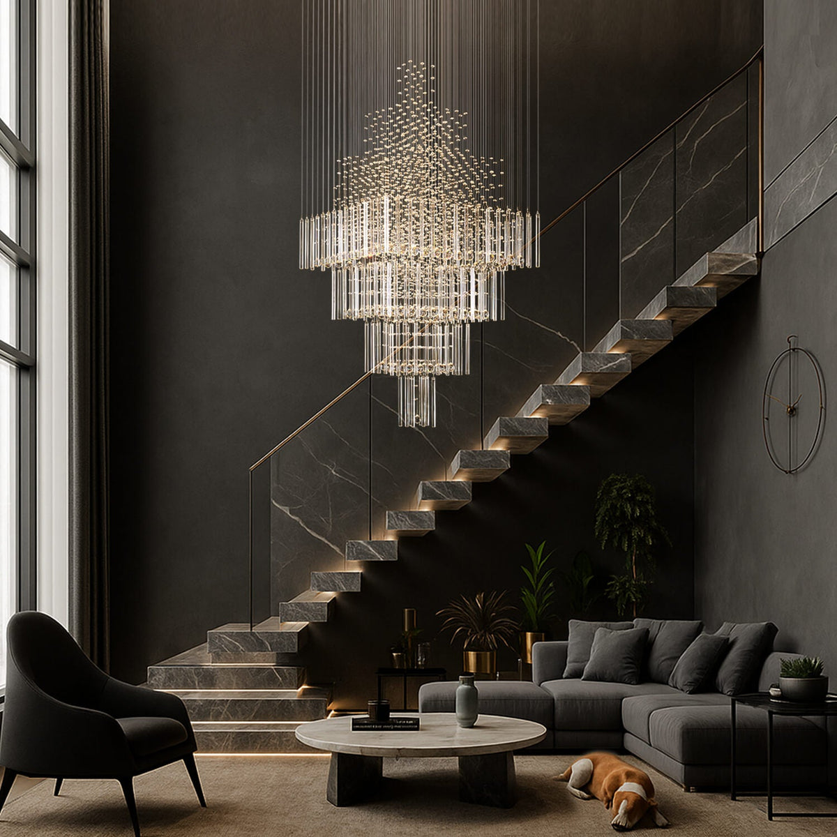 Kristallen kroonluchter waterval hanglamp chroom luxe trap foyer verlichting 3-5 lagen verstelbaar modern | Sulvida