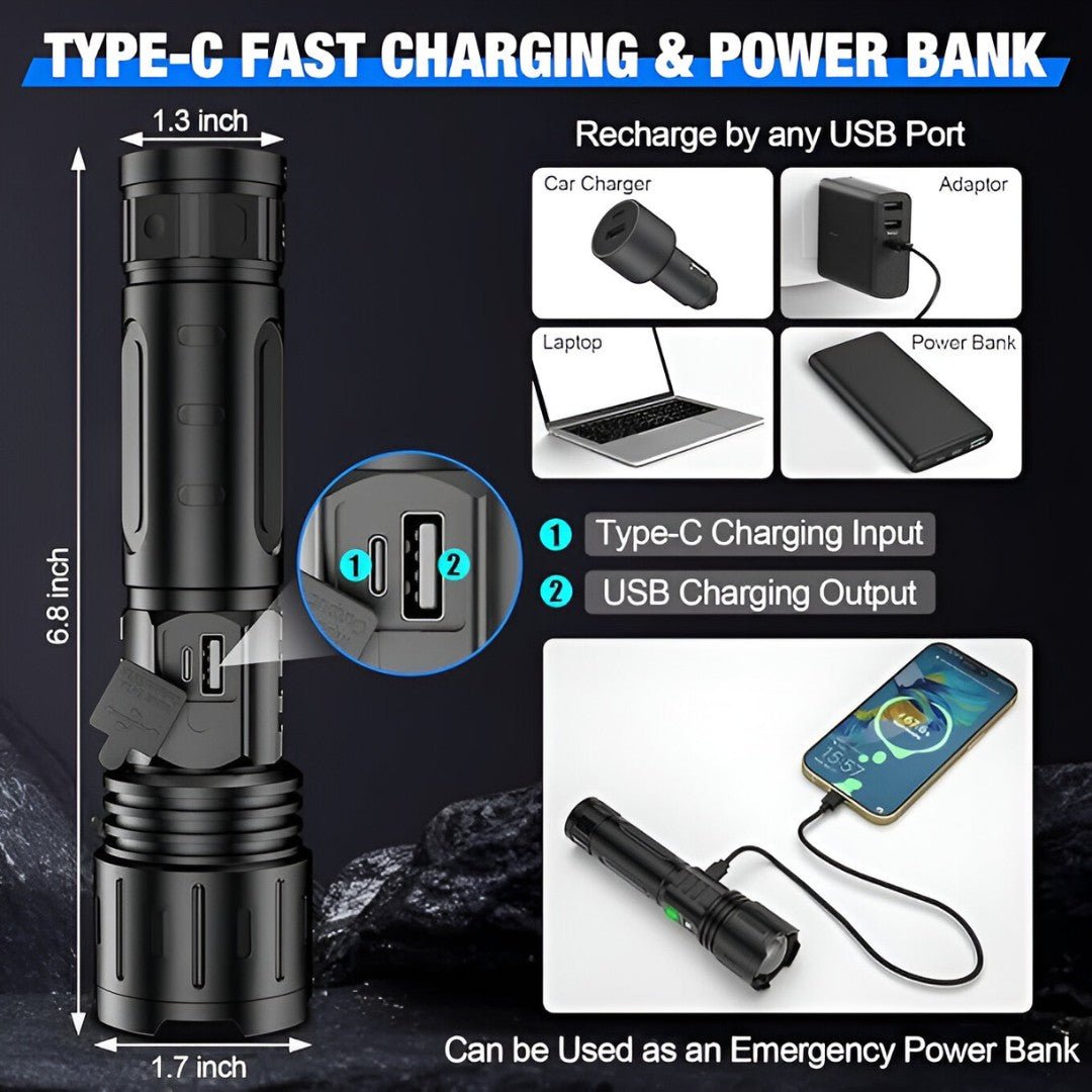 Oplaadbare LED-Zaklamp 100.000 Lumen met Powerbank Functie Type-C Zoombaar Tactisch voor Camping en Outdoor | Sulvida