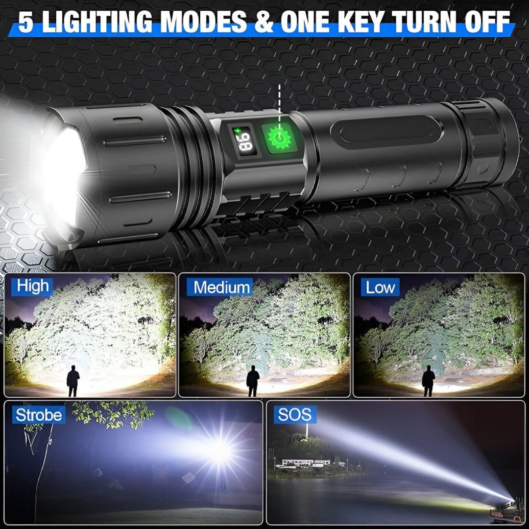 Oplaadbare LED-Zaklamp 100.000 Lumen met Powerbank Functie Type-C Zoombaar Tactisch voor Camping en Outdoor | Sulvida