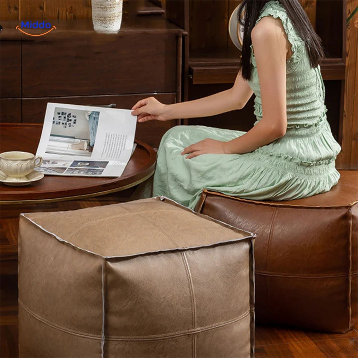 Vulbare Tatami Poef Leren Zitkussen 45x45x40cm Bruin Beige Zwart Oranje Design Zitmeubel Voetenbank Woonkamer | Sulvida
