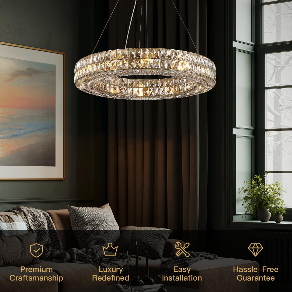 Kristallen Kroonluchter Goud Zilver Ronde Ringen Eetkamer Keukeneiland Verstelbaar Luxe Modern Design LED | Sulvida