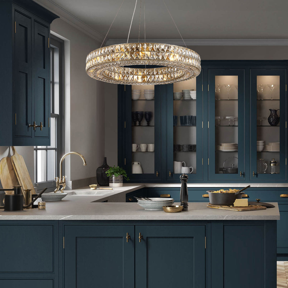 Kristallen Kroonluchter Goud Zilver Ronde Ringen Eetkamer Keukeneiland Verstelbaar Luxe Modern Design LED | Sulvida